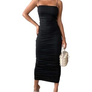 Elegant Black Ruched Midi Dress